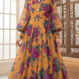 Marina Afghani Floral Print 2-Piece Unstitched Frock Suit – Mustard by Suzain's Pret