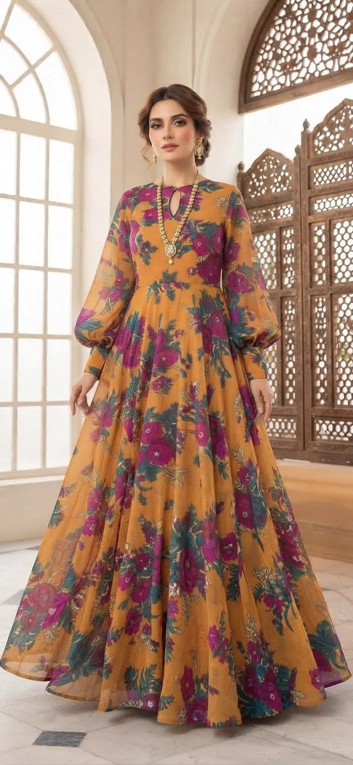 Marina Afghani Floral Print 2-Piece Unstitched Frock Suit – Mustard by Suzain's Pret