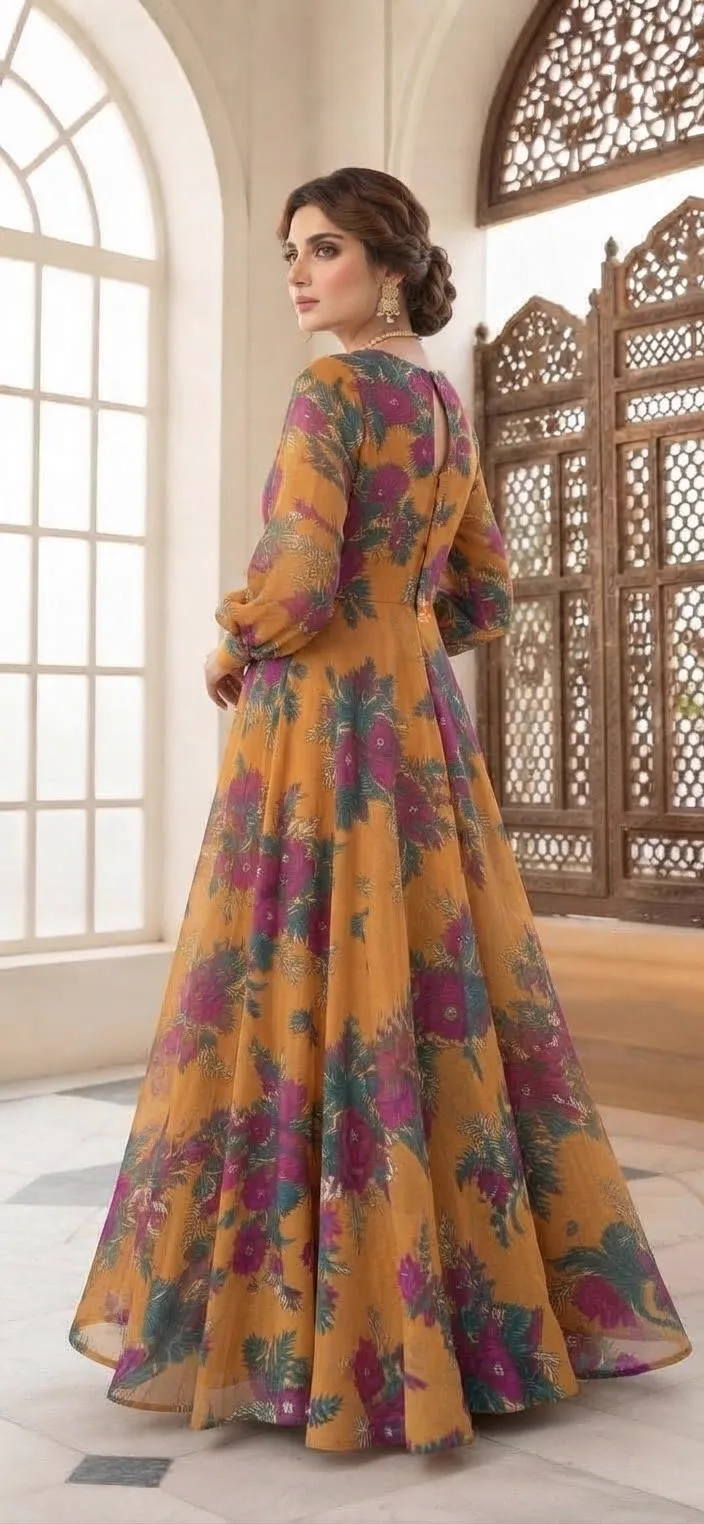 Marina Afghani Floral Print 2-Piece Unstitched Frock Suit – Mustard by Suzain's Pret