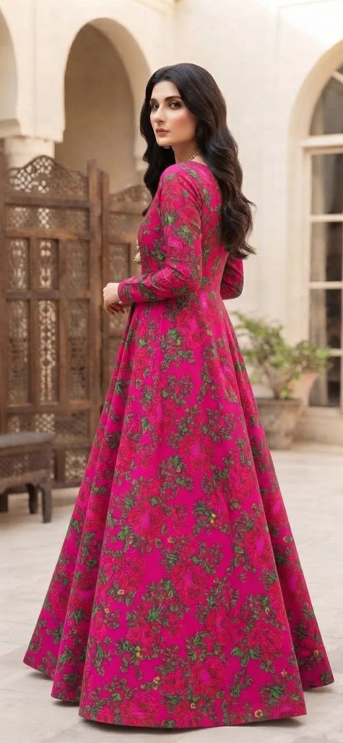Marina Afghani Floral Print 2-Piece Unstitched Frock Suit – Pink by Suzain's Pret