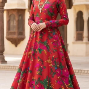 Marina Afghani Floral Print 2-Piece Unstitched Frock Suit – Red by Suzain's Pret