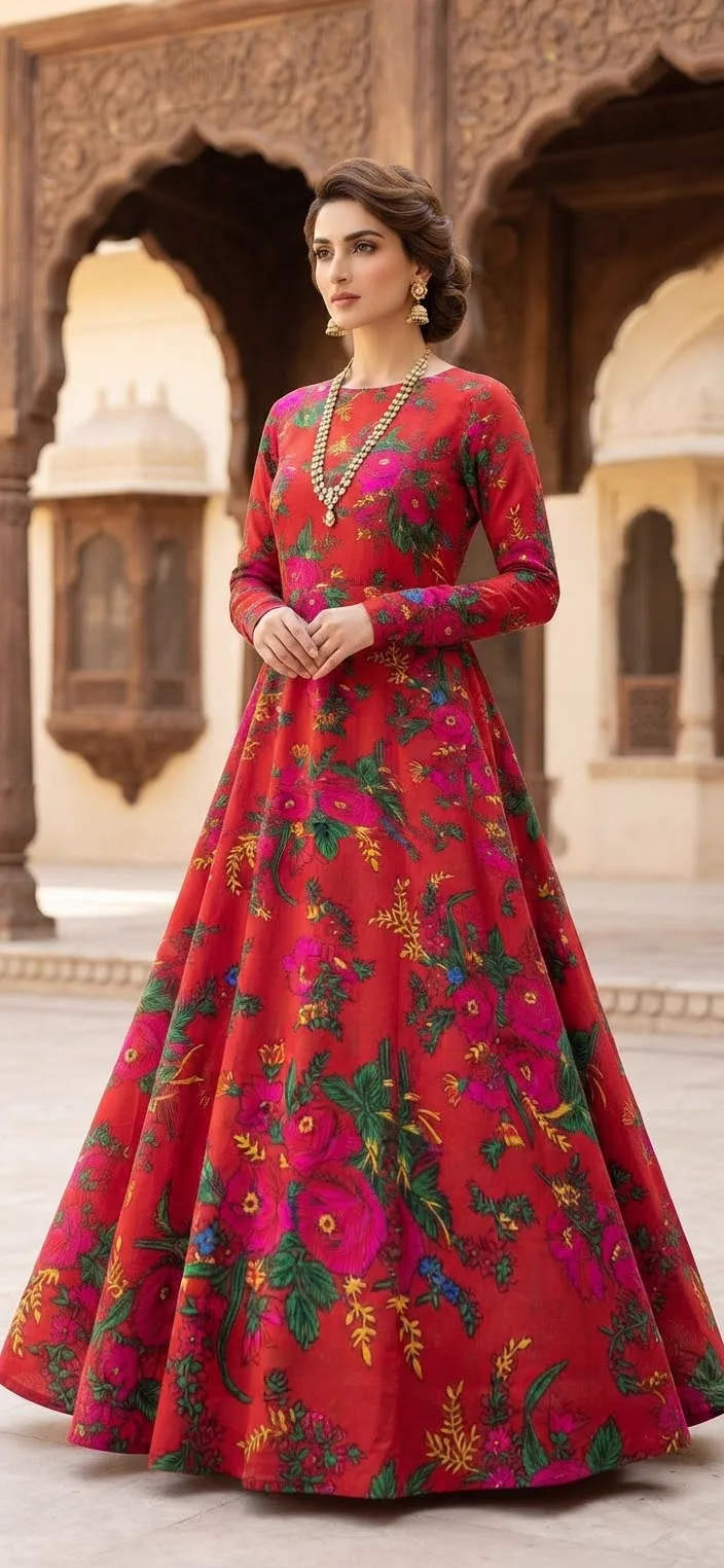 Marina Afghani Floral Print 2-Piece Unstitched Frock Suit – Red by Suzain's Pret