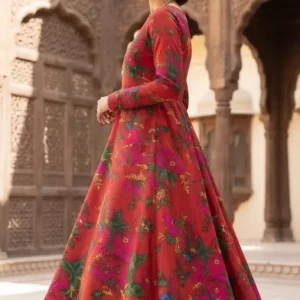 Marina Afghani Floral Print 2-Piece Unstitched Frock Suit – Red by Suzain's Pret
