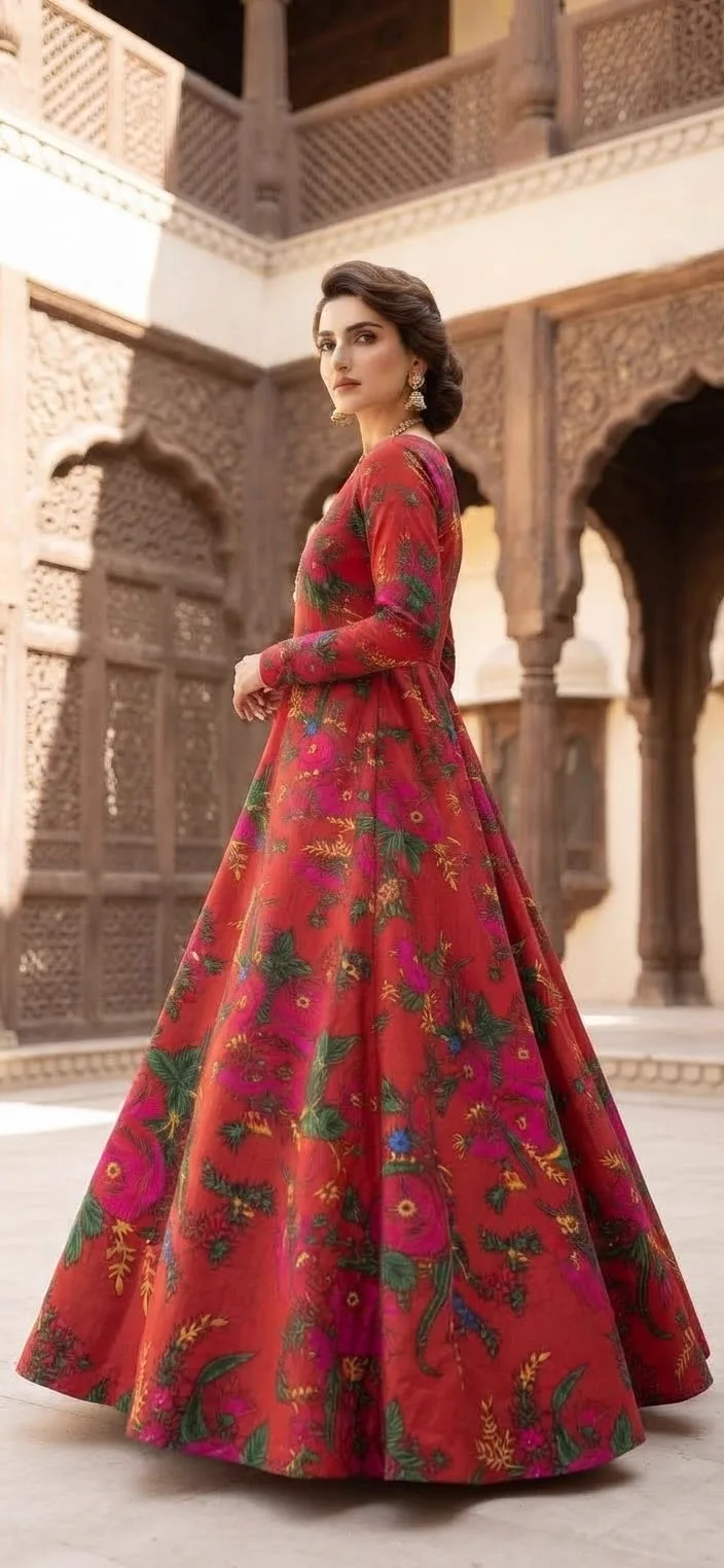 Marina Afghani Floral Print 2-Piece Unstitched Frock Suit – Red by Suzain's Pret